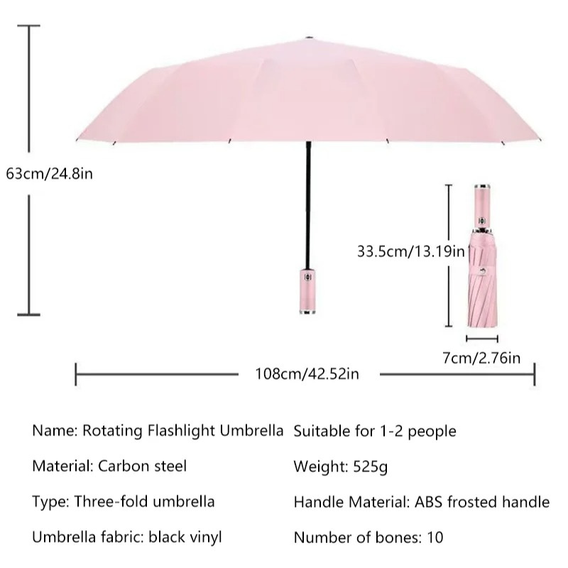 10-Bone Frame LED Flashlight Umbrella Waterproof Windproof Design Automatic Umbrella UV Protection Three Fold Folding Umbrella