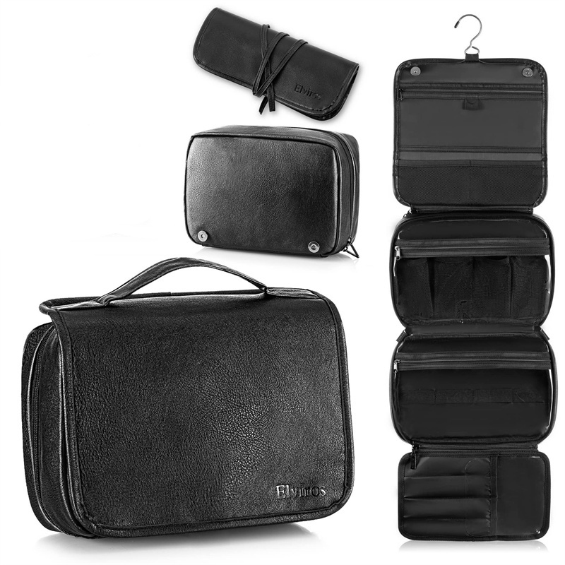 Cosmetic Storage Bag With Portable Handle And Hook Multi Compartments Case Crazy Horse Leather Travel Toiletry Organizer