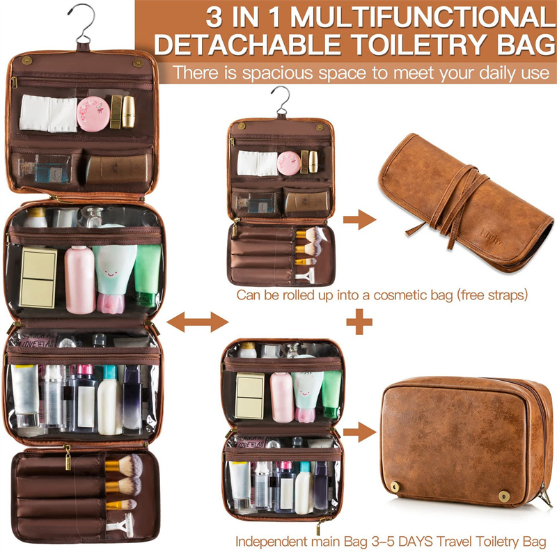 Cosmetic Storage Bag With Portable Handle And Hook Multi Compartments Case Crazy Horse Leather Travel Toiletry Organizer