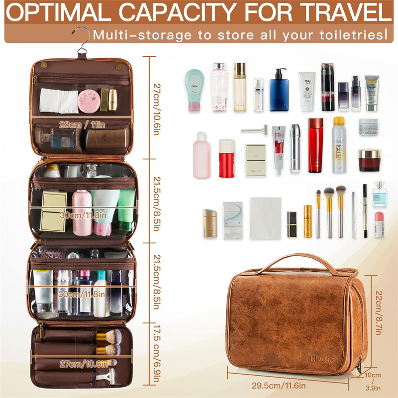 Cosmetic Storage Bag With Portable Handle And Hook Multi Compartments Case Crazy Horse Leather Travel Toiletry Organizer