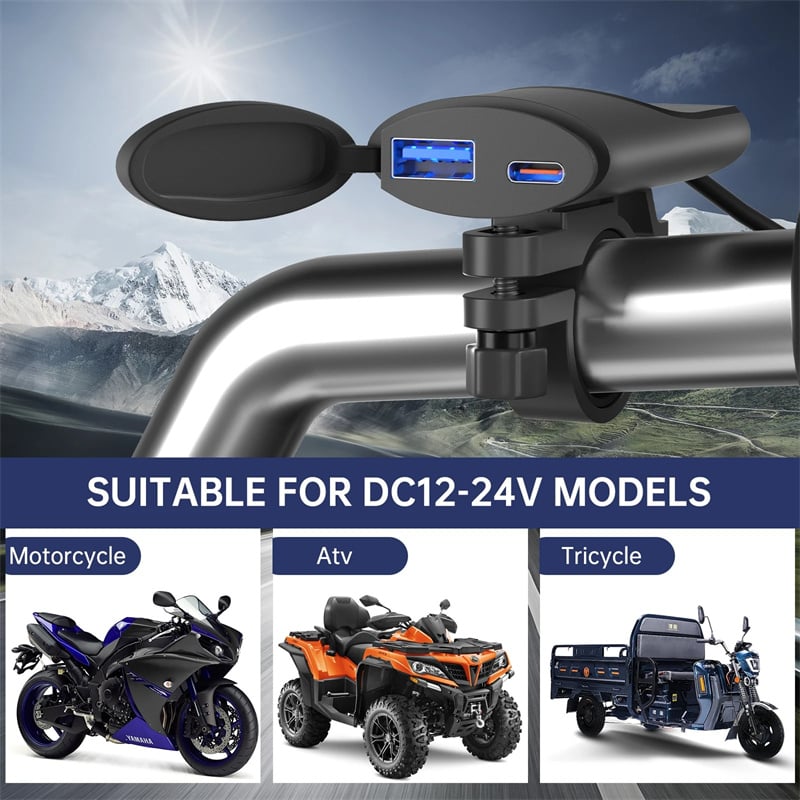 Motorcycle USB Charger 30W QC3.0 Type C Charger IP67 Waterproof Handlebar Mounting Bracket Moto Phone Charger Adapter