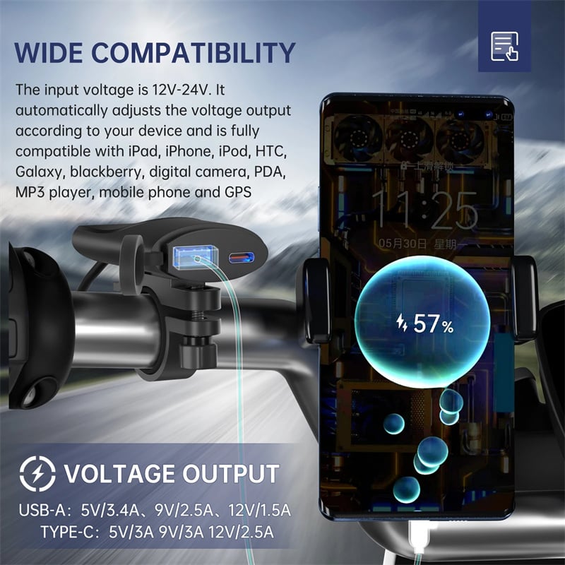 Motorcycle USB Charger 30W QC3.0 Type C Charger IP67 Waterproof Handlebar Mounting Bracket Moto Phone Charger Adapter