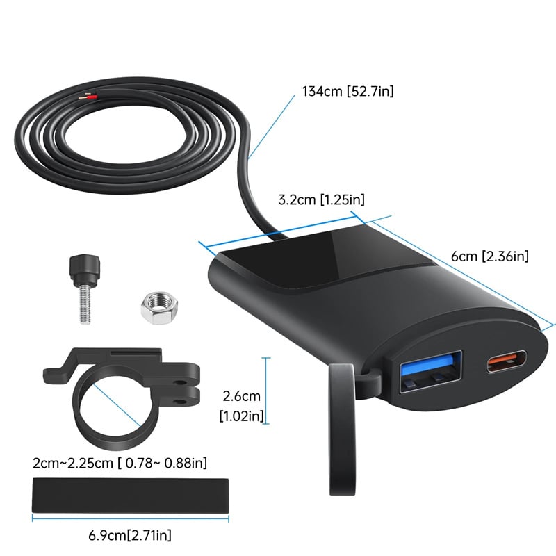 Motorcycle USB Charger 30W QC3.0 Type C Charger IP67 Waterproof Handlebar Mounting Bracket Moto Phone Charger Adapter