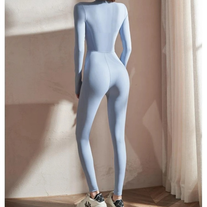 Womens Yoga Jumpsuits Long Sleeve Thin Slim Fit Stretch One Piece Playsuits Romper Sexy Fitness Female Basic Zipper Sportwears