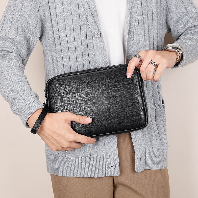 Luxury Men's Cowhide Leather Clutch Bag Large Capacity Handbag Wallet High Quality Business Solid Color Card Pack File Phone Bag