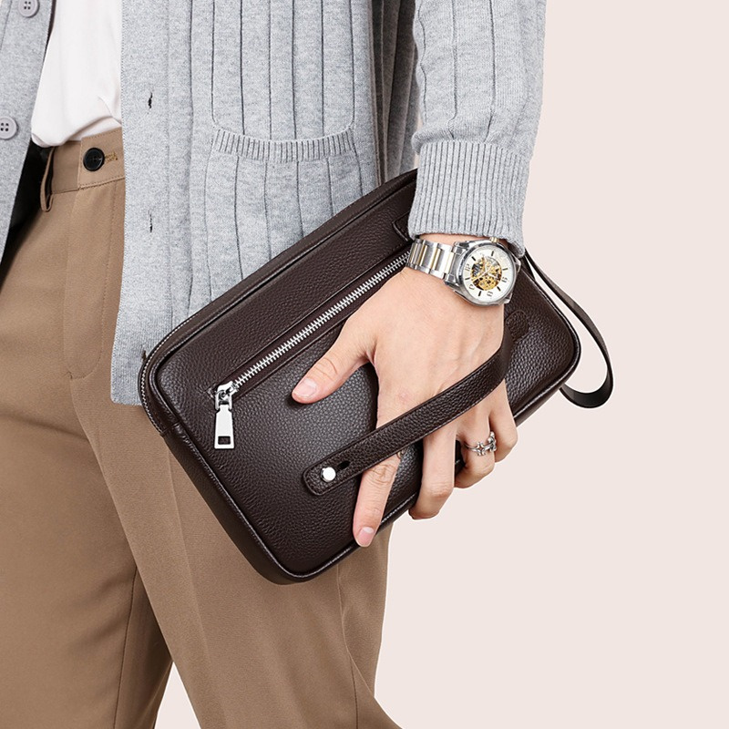Luxury Men's Cowhide Leather Clutch Bag Large Capacity Handbag Wallet High Quality Business Solid Color Card Pack File Phone Bag