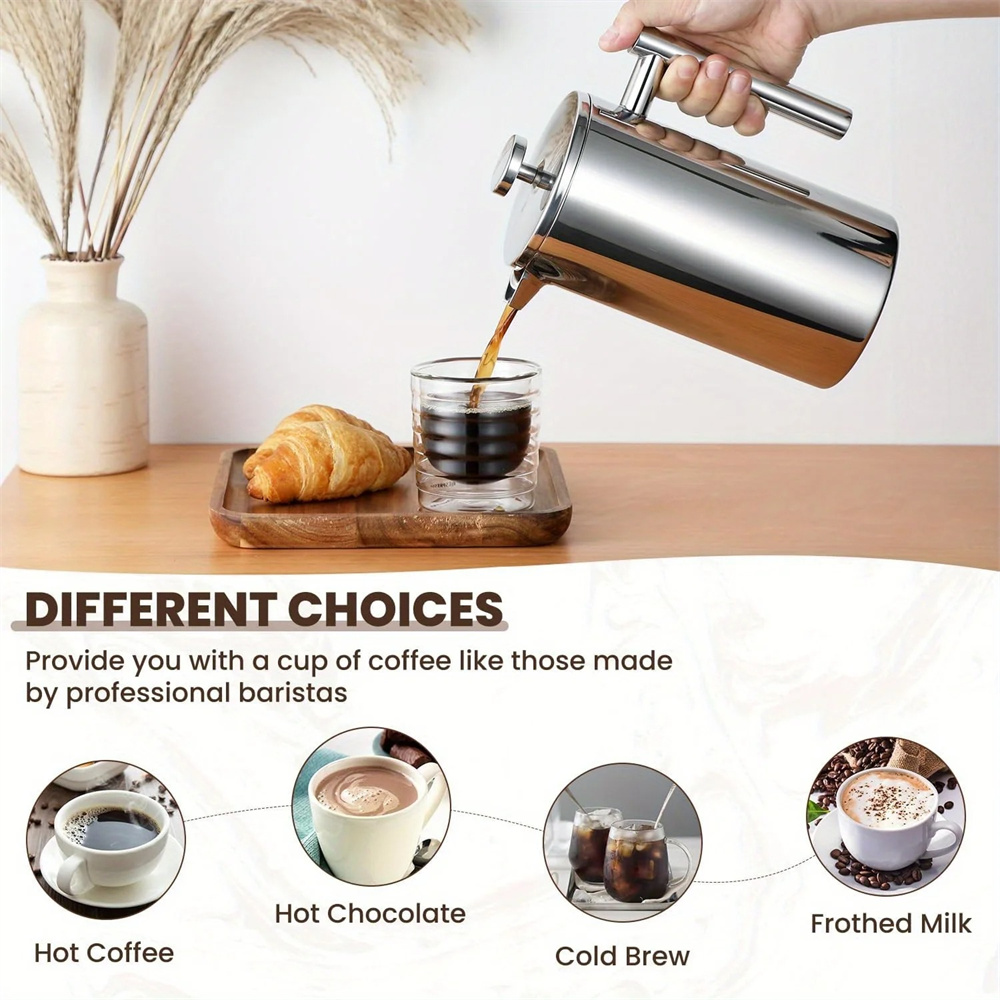 350/800/1000ML French Press Hand-brewed Coffee Maker Brewing Kettle Double-layer Stainless Steel Insulated Tea Coffee Kettle
