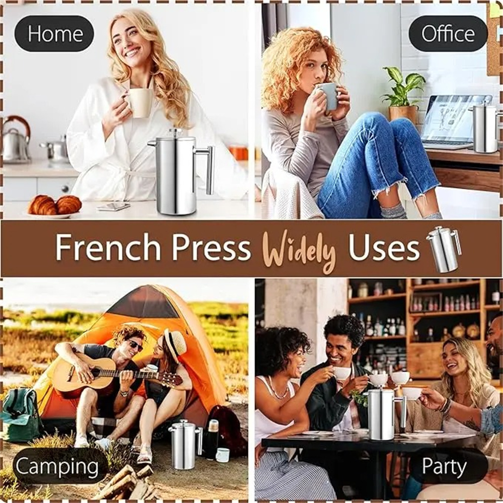 350/800/1000ML French Press Hand-brewed Coffee Maker Brewing Kettle Double-layer Stainless Steel Insulated Tea Coffee Kettle