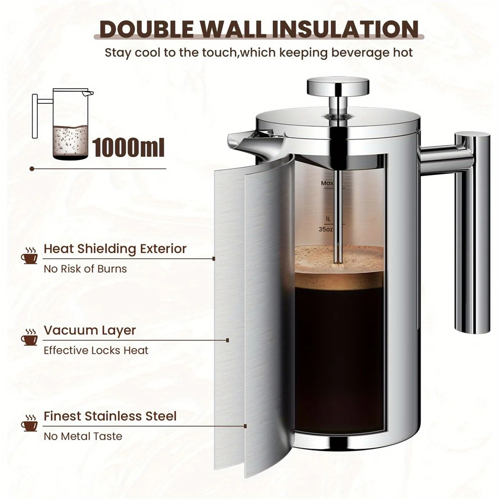 350/800/1000ML French Press Hand-brewed Coffee Maker Brewing Kettle Double-layer Stainless Steel Insulated Tea Coffee Kettle