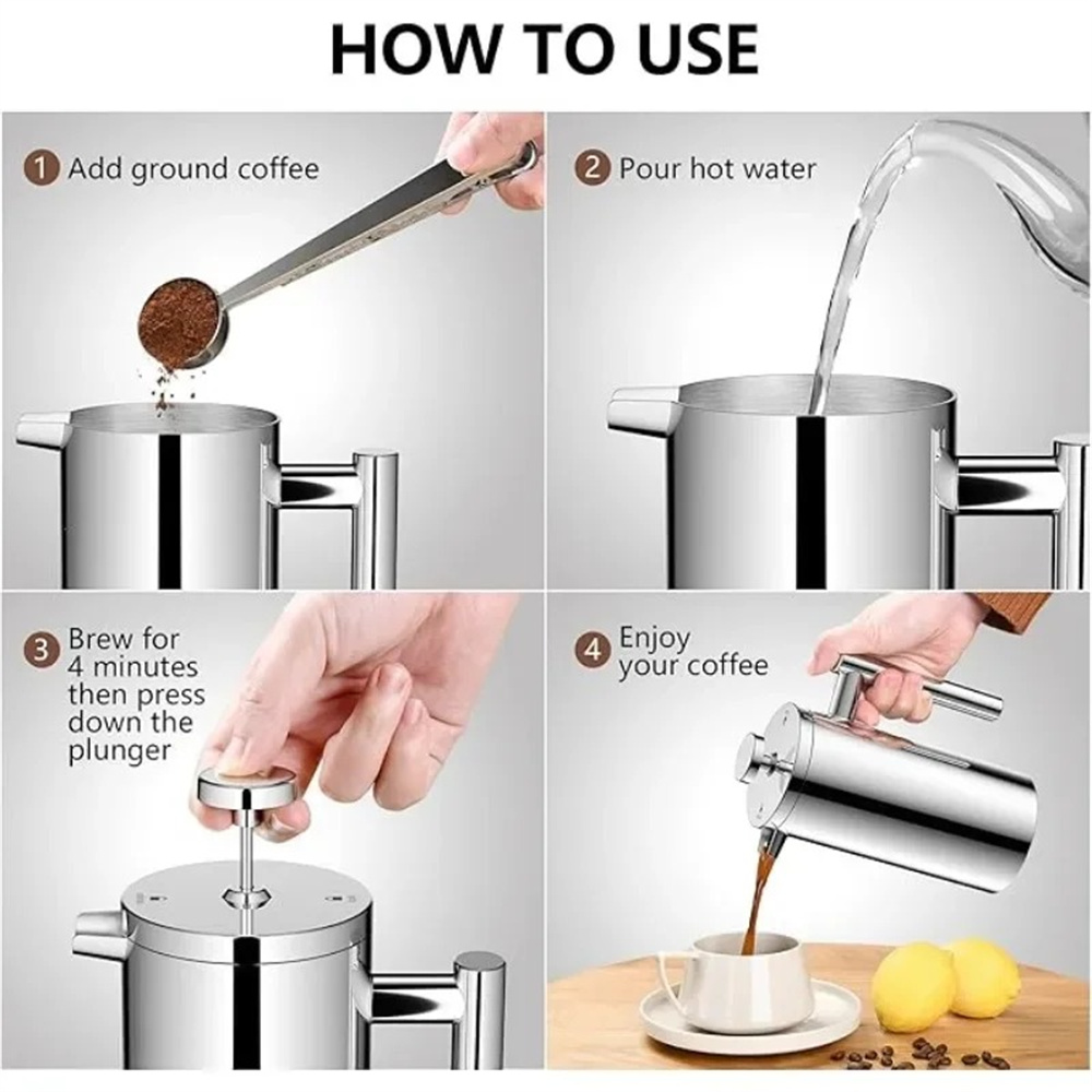 350/800/1000ML French Press Hand-brewed Coffee Maker Brewing Kettle Double-layer Stainless Steel Insulated Tea Coffee Kettle
