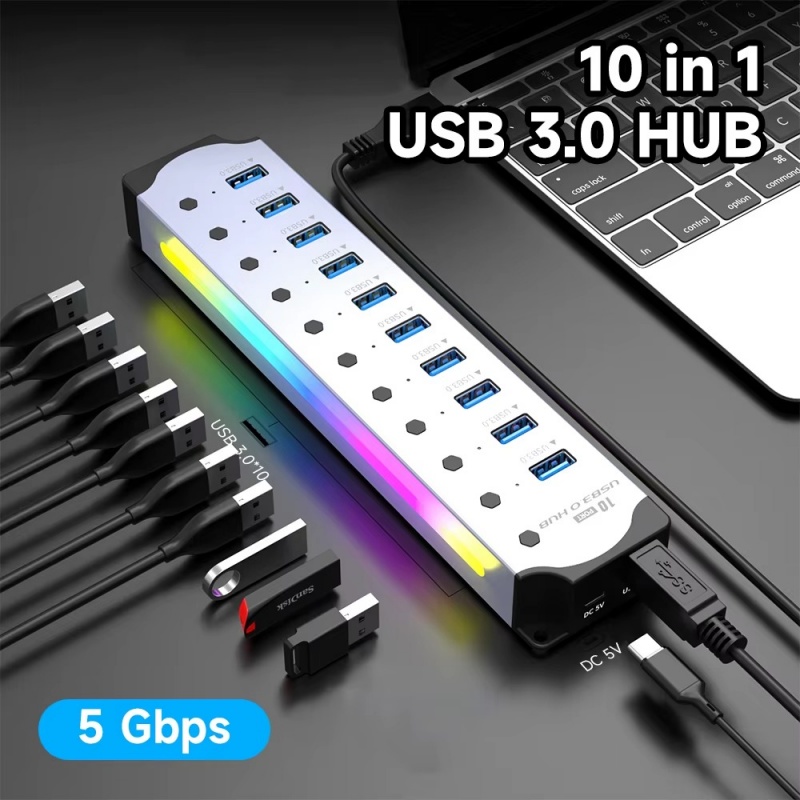4/7/10 in 1 Powered USB3.0 Interface Docking Station RGB Light Mouse Keyboard HUB Aluminum Alloy Computer Converter Connector