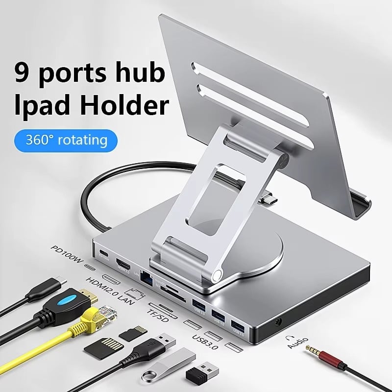USB C HUB Tablet Holder Docking Station 4K60Hz HDMI 1000Mbps Ethernet USB3.0 5Gbps Data Transfer PD100W for Tablet Phone Laptop