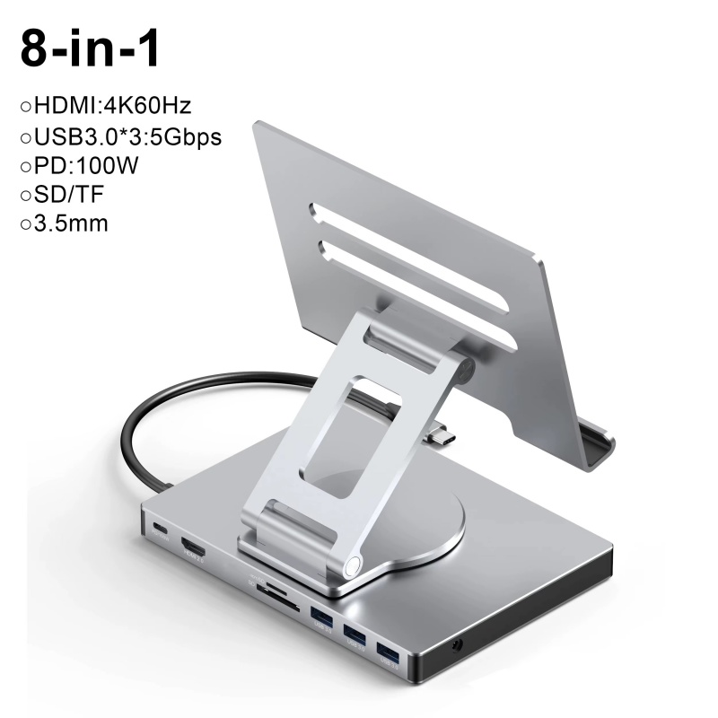 USB C HUB Tablet Holder Docking Station 4K60Hz HDMI 1000Mbps Ethernet USB3.0 5Gbps Data Transfer PD100W for Tablet Phone Laptop
