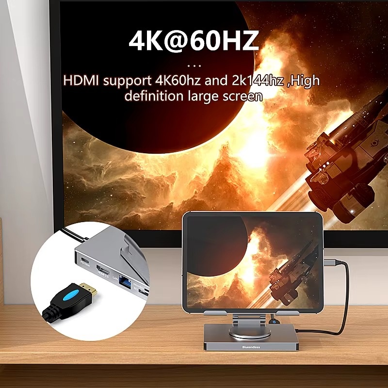 USB C HUB Tablet Holder Docking Station 4K60Hz HDMI 1000Mbps Ethernet USB3.0 5Gbps Data Transfer PD100W for Tablet Phone Laptop