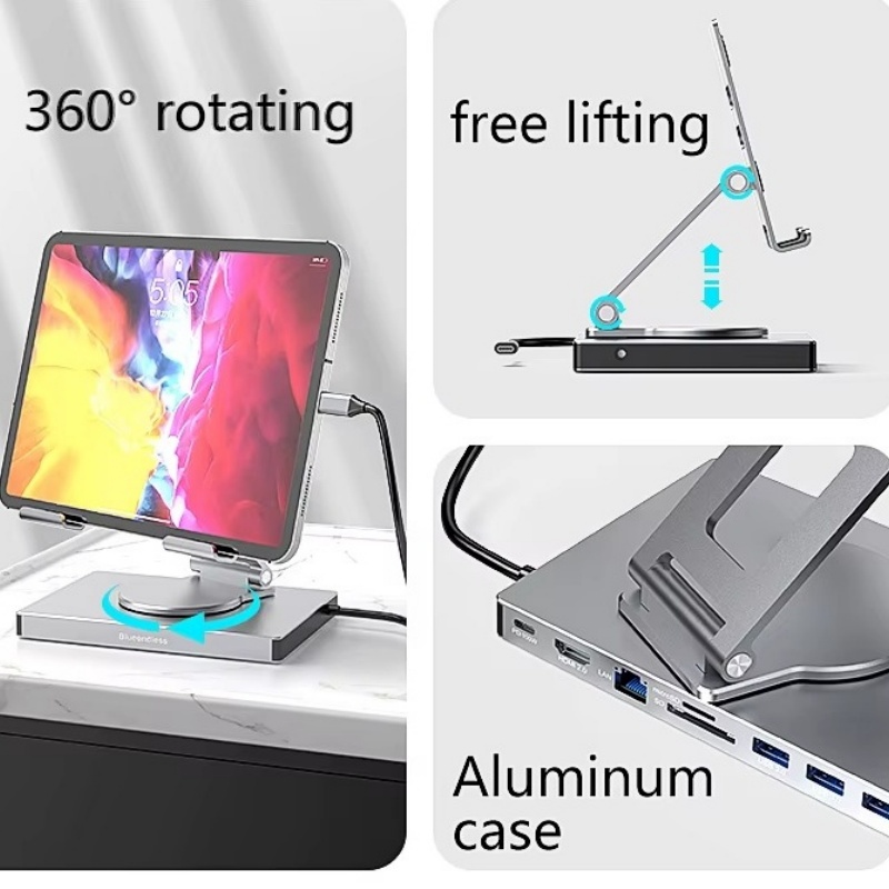 USB C HUB Tablet Holder Docking Station 4K60Hz HDMI 1000Mbps Ethernet USB3.0 5Gbps Data Transfer PD100W for Tablet Phone Laptop