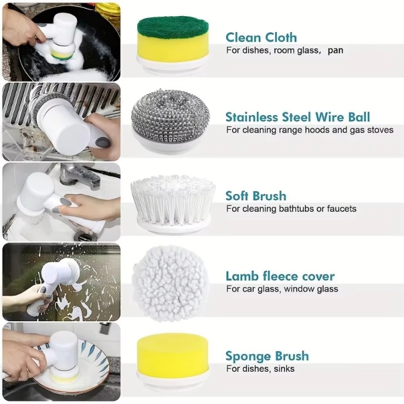 5in1 Electric Spin Scrubber Electric Cleaning Brush Cordless Power Scrubber with Replaceable Brush Heads Handheld Power Scrubber