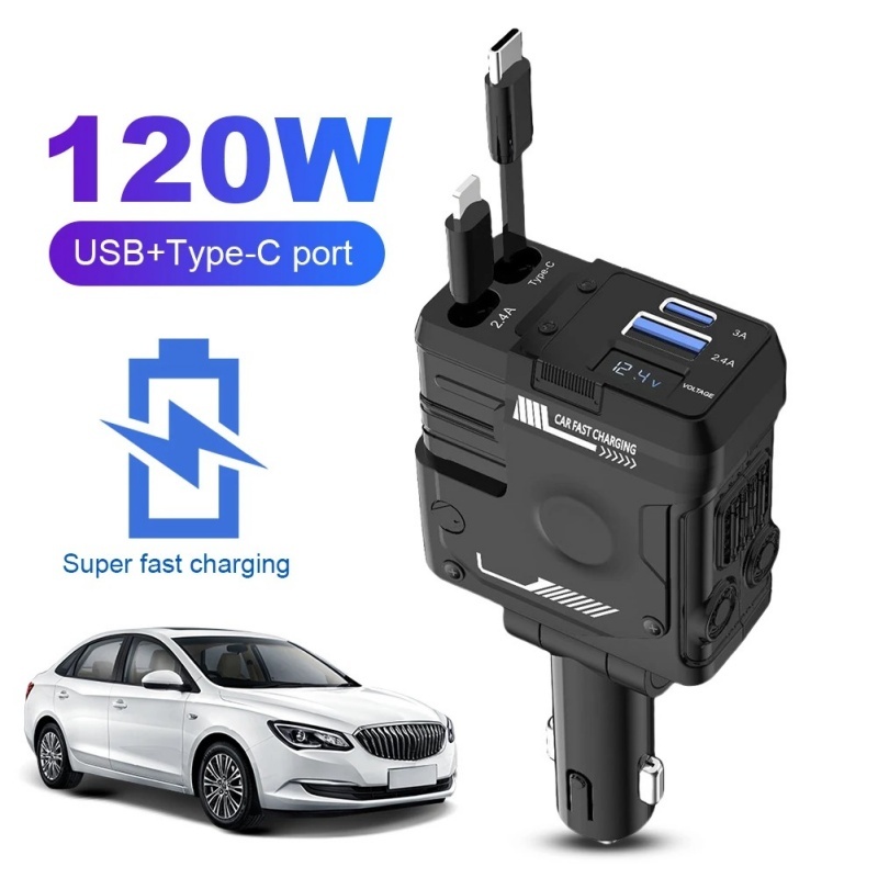 120W New Car Charger Retractable Charging Cable Car Cigarette Lighter USB Type C Adapter With Voltmeter For IOS And Android