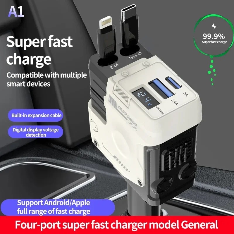 120W New Car Charger Retractable Charging Cable Car Cigarette Lighter USB Type C Adapter With Voltmeter For IOS And Android