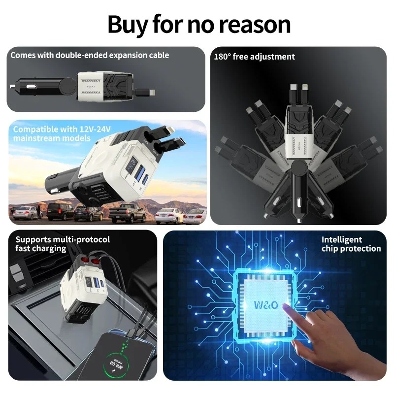 120W New Car Charger Retractable Charging Cable Car Cigarette Lighter USB Type C Adapter With Voltmeter For IOS And Android