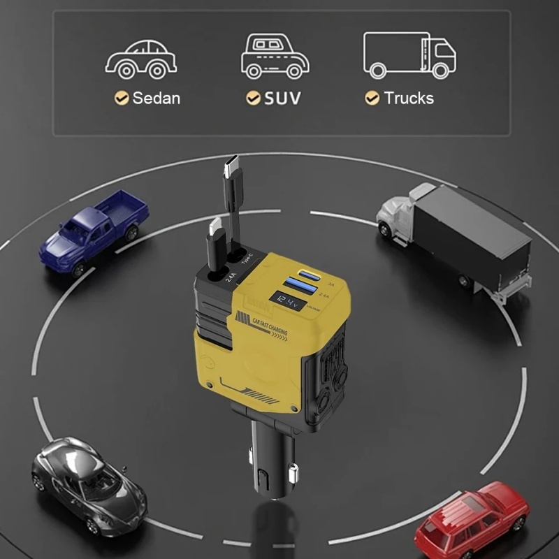 120W New Car Charger Retractable Charging Cable Car Cigarette Lighter USB Type C Adapter With Voltmeter For IOS And Android