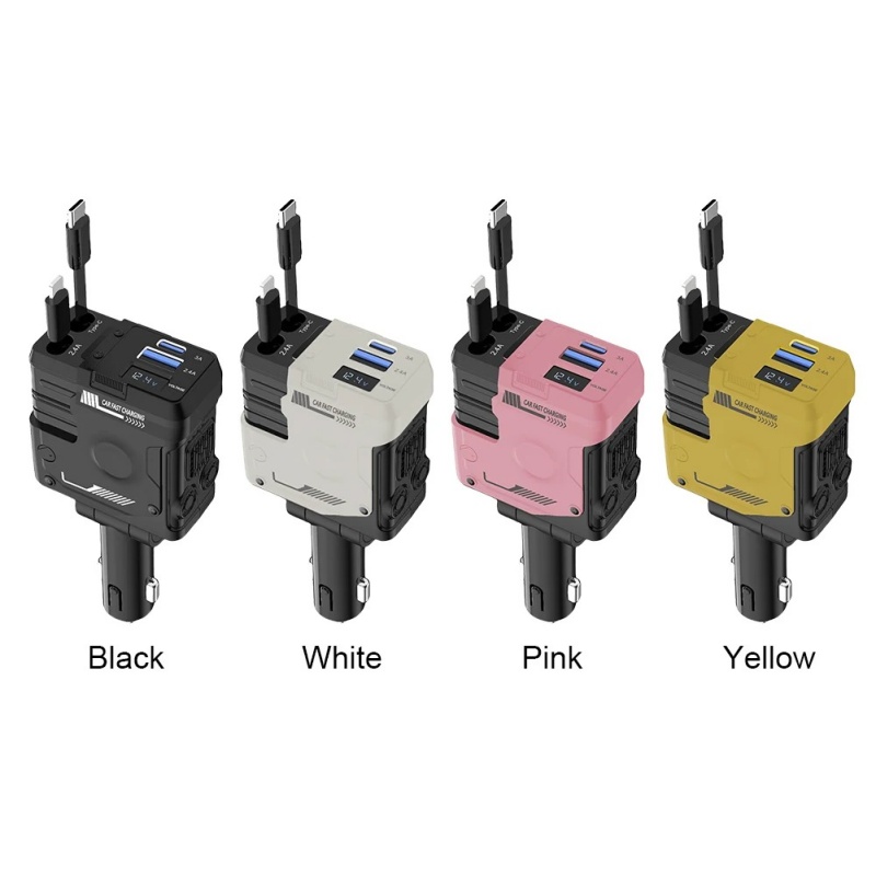 120W New Car Charger Retractable Charging Cable Car Cigarette Lighter USB Type C Adapter With Voltmeter For IOS And Android