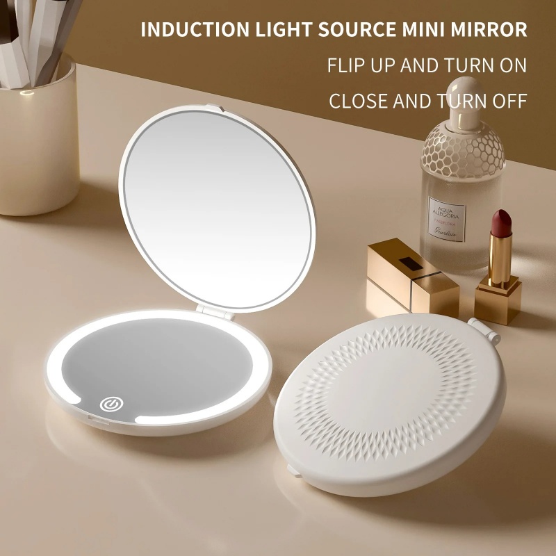 Rechargeable Mini Round Vanity Led Mirror Portable Fold Magnifying Double Side Pocket Cosmetic Mirror Dimmable Led Makeup Mirror