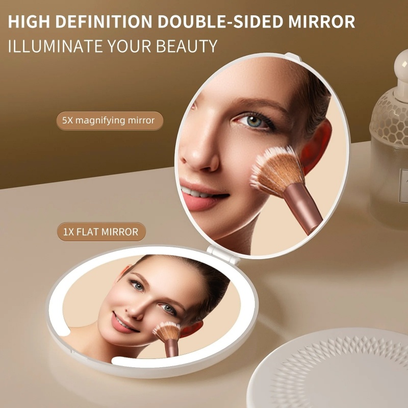 Rechargeable Mini Round Vanity Led Mirror Portable Fold Magnifying Double Side Pocket Cosmetic Mirror Dimmable Led Makeup Mirror
