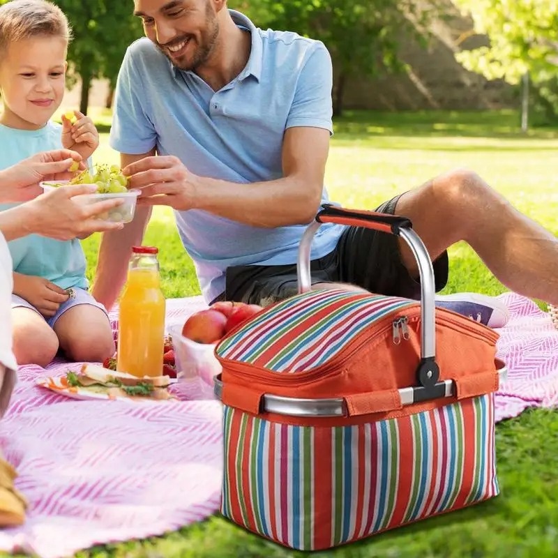 Beach Picnic Basket 30L Portable Cooler Basket Camping Grocery Bags Foldable Picnic Bag Cooler For Picnic Items Food Fruit