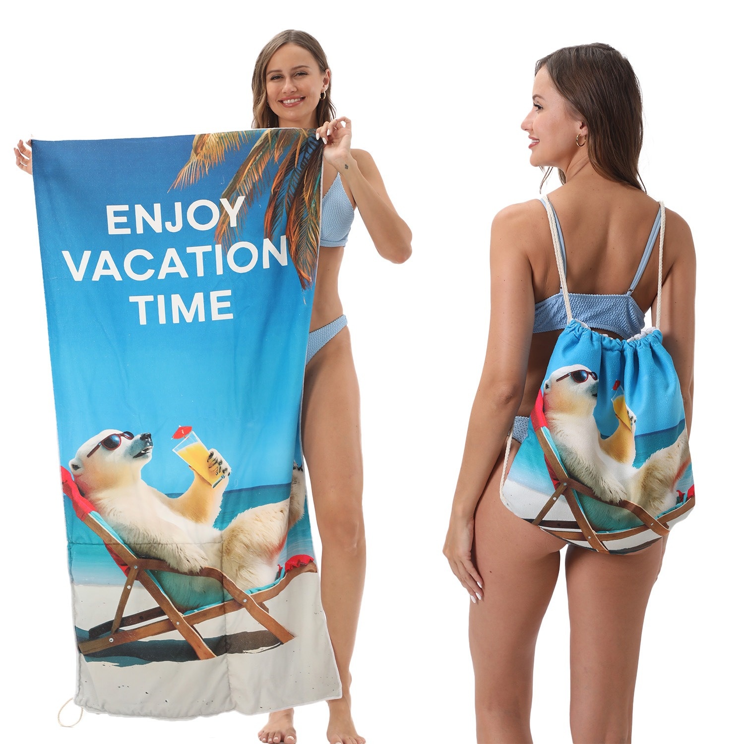 2 in 1 Beach Towel Folding Quick Drying Floral Print Beach Camping Towels Storage Bag Foldable Sandproof for Vacation Beach