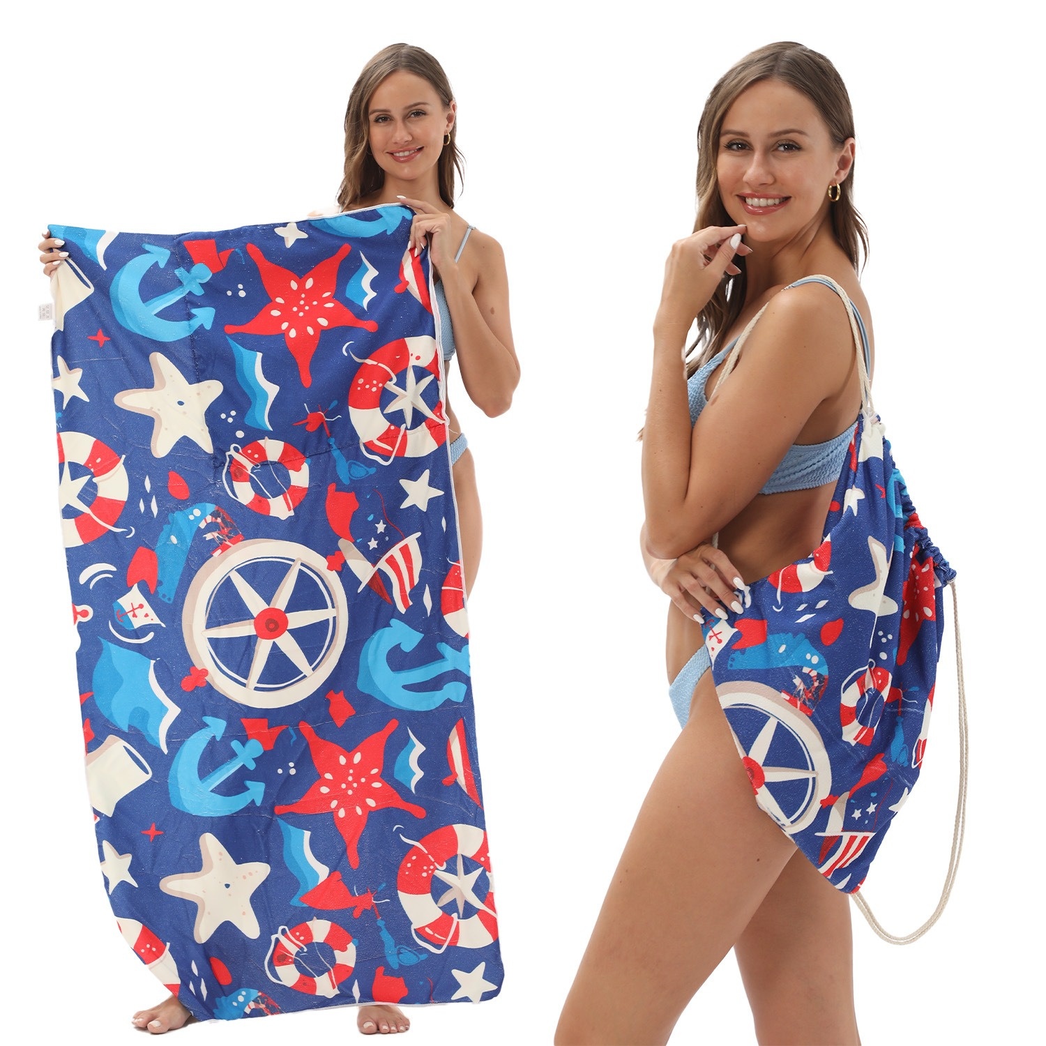 2 in 1 Beach Towel Folding Quick Drying Floral Print Beach Camping Towels Storage Bag Foldable Sandproof for Vacation Beach