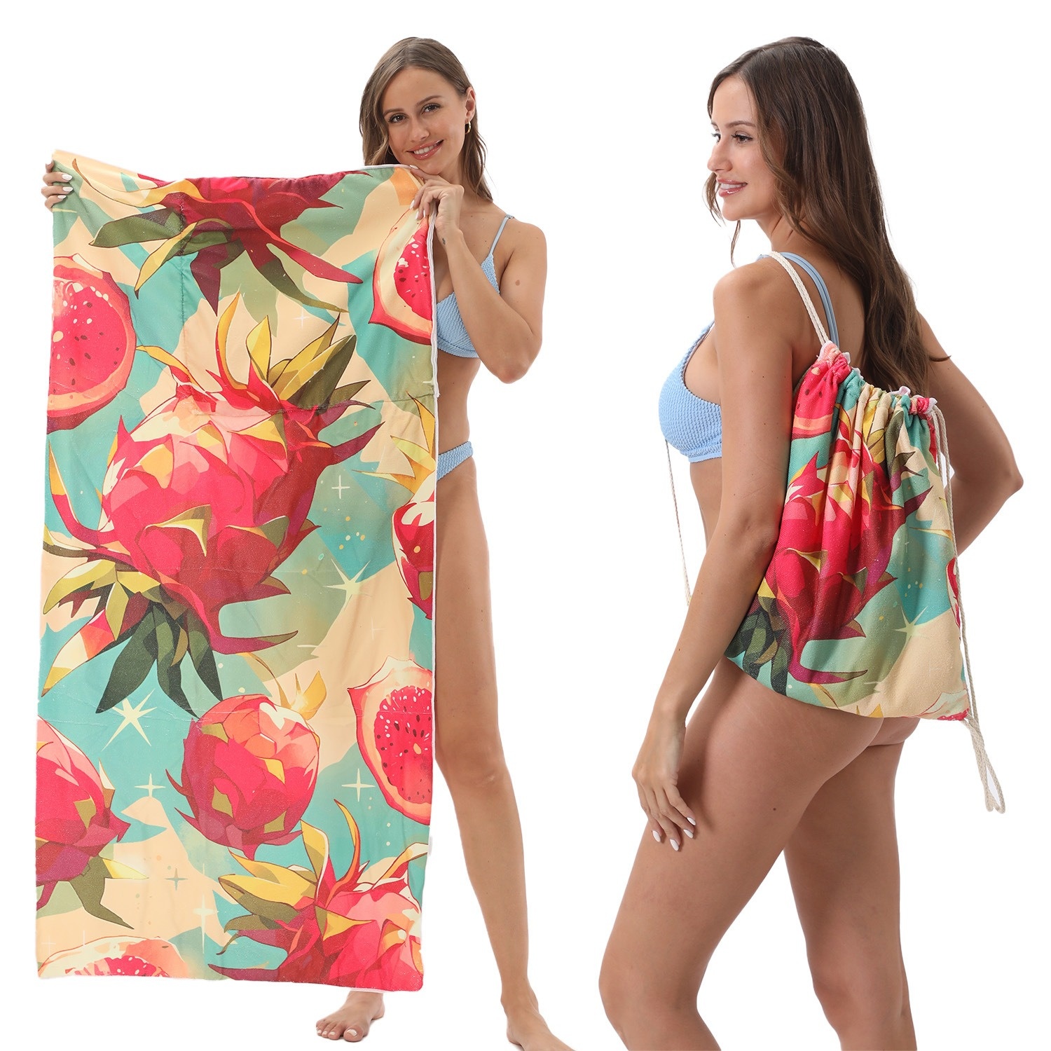 2 in 1 Beach Towel Folding Quick Drying Floral Print Beach Camping Towels Storage Bag Foldable Sandproof for Vacation Beach