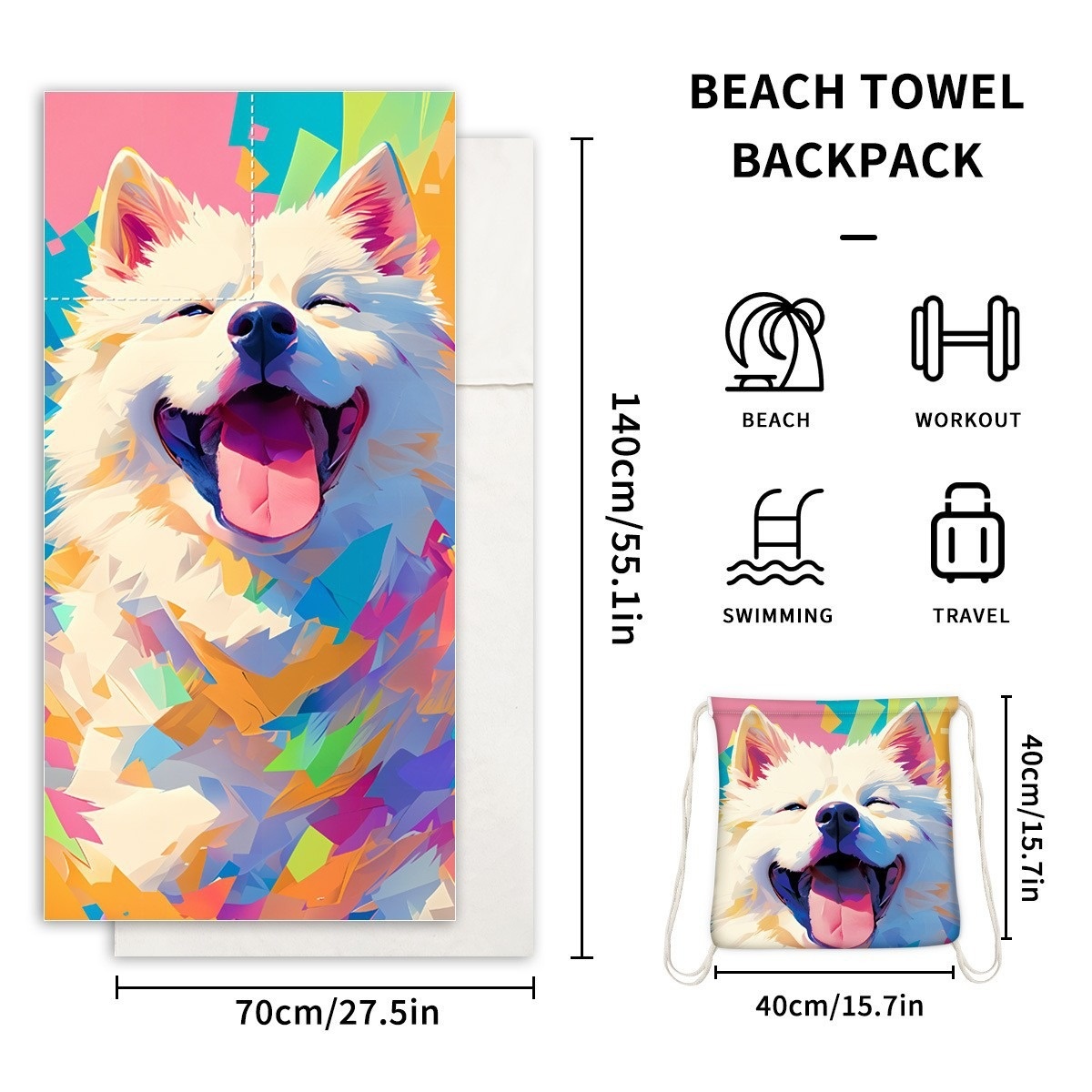 2 in 1 Beach Towel Folding Quick Drying Floral Print Beach Camping Towels Storage Bag Foldable Sandproof for Vacation Beach