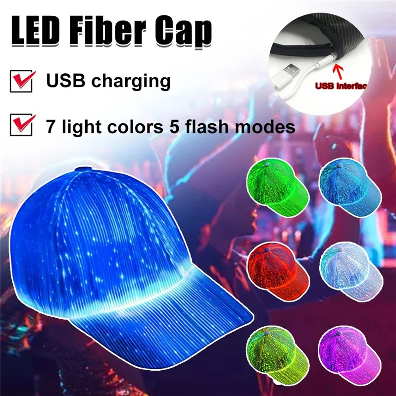 Fiber Optic Cap LED Hat with 7 Colors Luminous Glowing EDC Baseball Hats USB Charging Light Up Hat Performance Led Cap