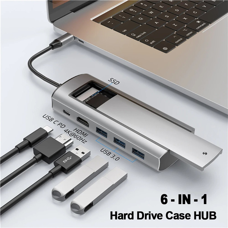 6 in 1 USB C HUB With Disk Storage Function PD100W Type C to HDMI-compatible M.2 SSD SATA NVME HUB Dock Station Splitter