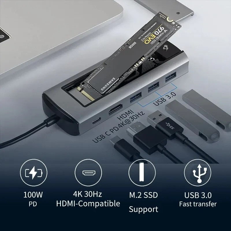 6 in 1 USB C HUB With Disk Storage Function PD100W Type C to HDMI-compatible M.2 SSD SATA NVME HUB Dock Station Splitter