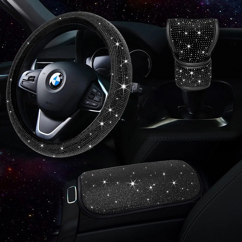 3pcs/set Car Steering Wheel Cover Gear Shift Cover Armrest Pad Universal 38cm Diamond Bling Steering Wheel Car Accessories