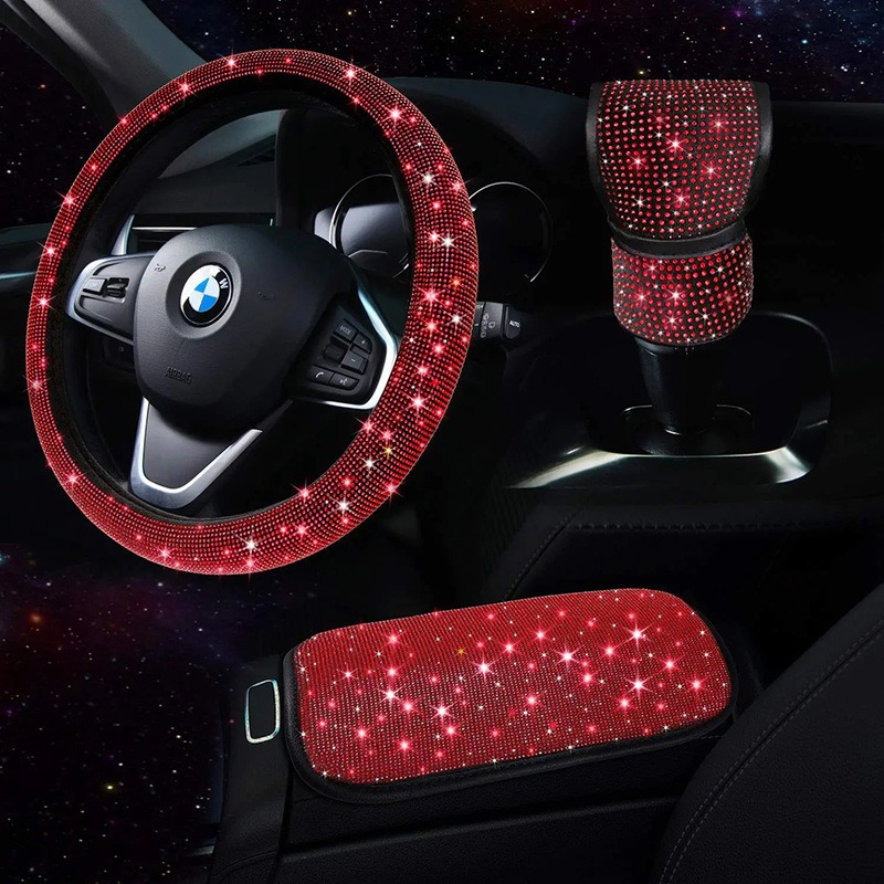 3pcs/set Car Steering Wheel Cover Gear Shift Cover Armrest Pad Universal 38cm Diamond Bling Steering Wheel Car Accessories