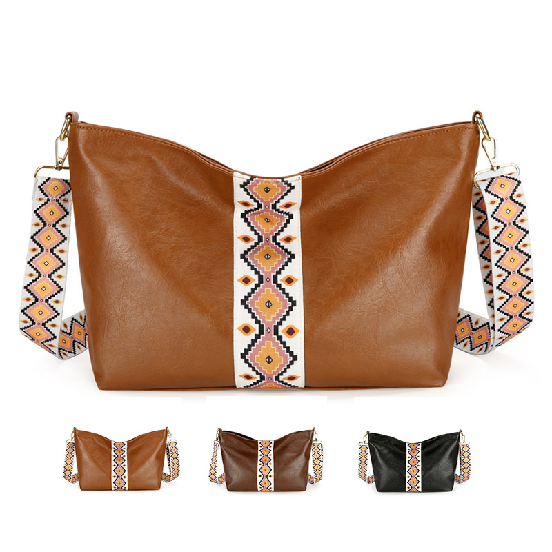 Vintage PU Leather Women Fashion Shoulder Sling Bag Large Capacity Simple Wide Strap Bucket Crossbody Bag Boho Bags