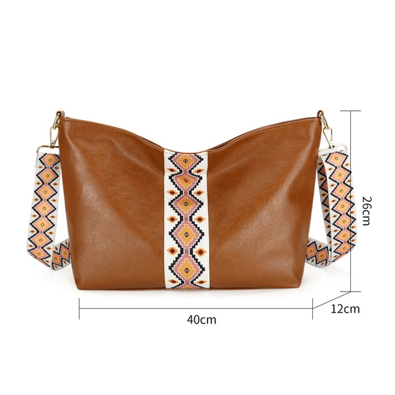 Vintage PU Leather Women Fashion Shoulder Sling Bag Large Capacity Simple Wide Strap Bucket Crossbody Bag Boho Bags