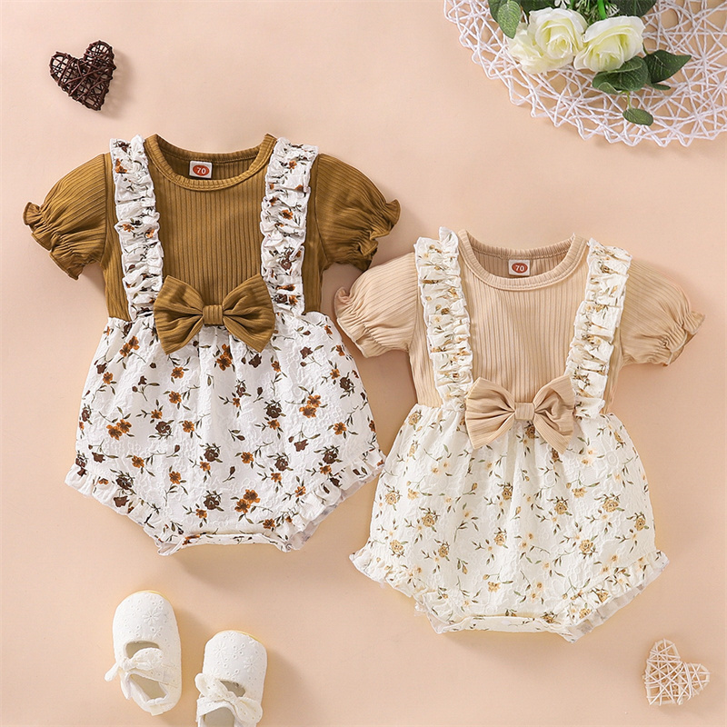 Baby Girl Floral Romper Dress Fly Sleeve Summer Ribbed Bow Strap Jumpsuit Toddler Infant Fashion Girl Bodysuit