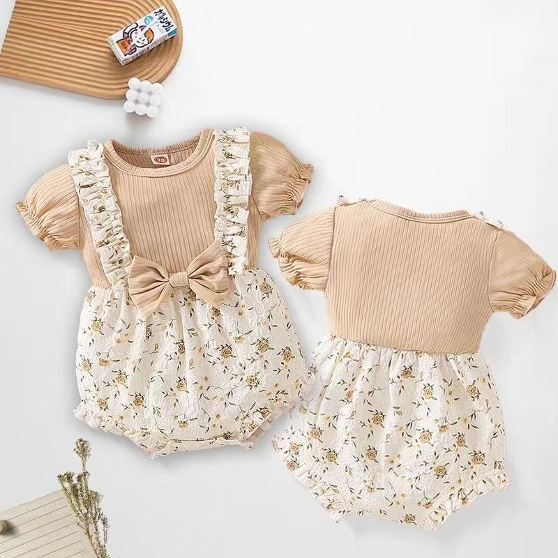 Baby Girl Floral Romper Dress Fly Sleeve Summer Ribbed Bow Strap Jumpsuit Toddler Infant Fashion Girl Bodysuit