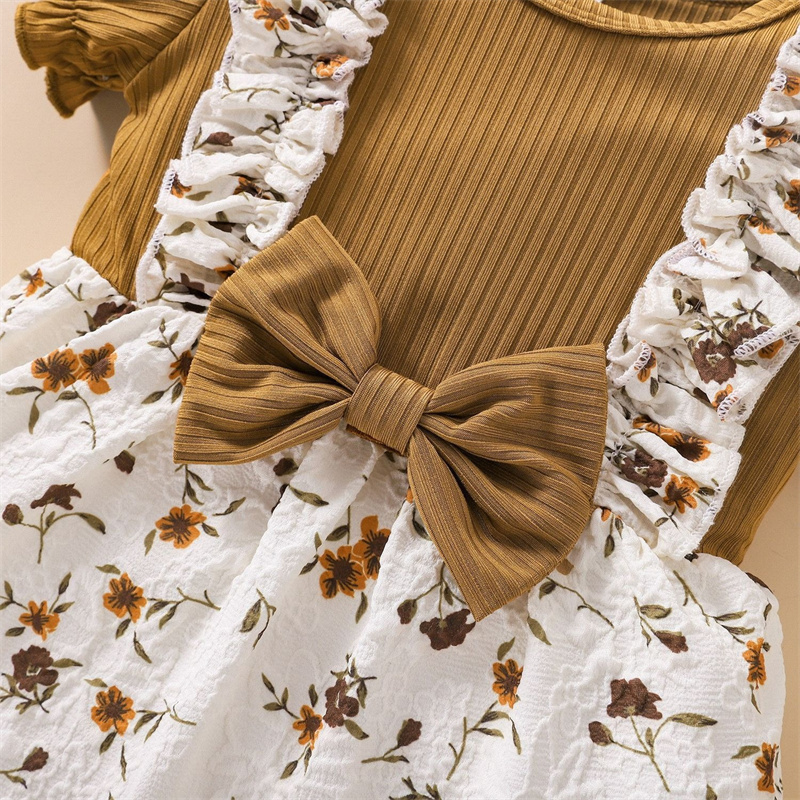 Baby Girl Floral Romper Dress Fly Sleeve Summer Ribbed Bow Strap Jumpsuit Toddler Infant Fashion Girl Bodysuit