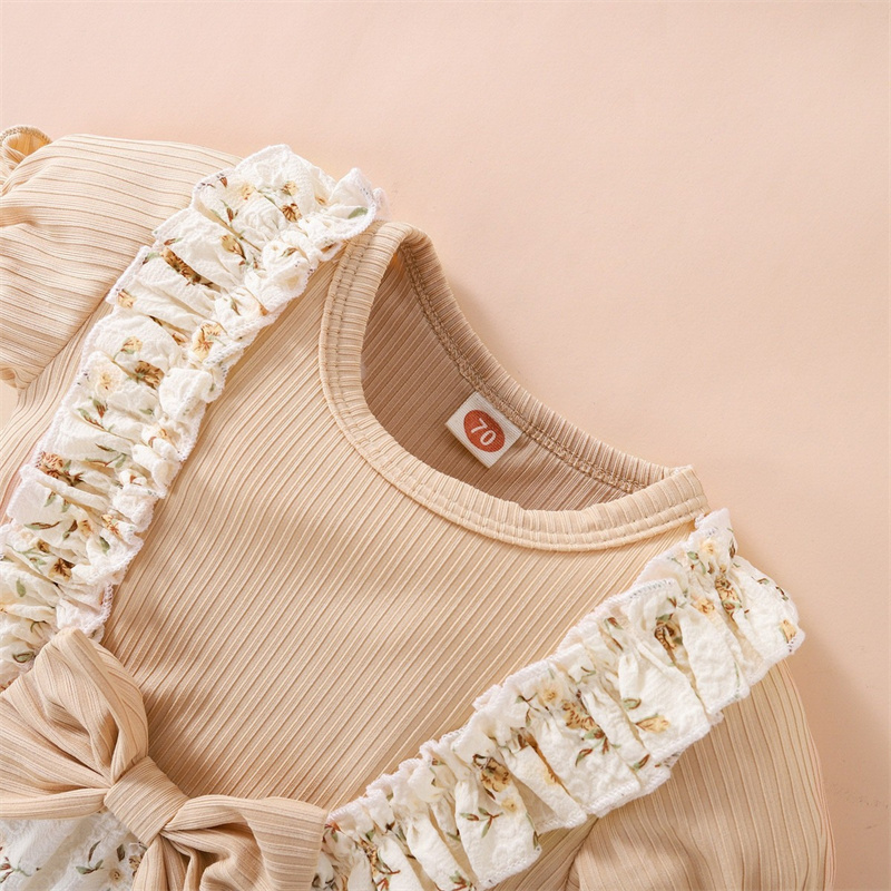 Baby Girl Floral Romper Dress Fly Sleeve Summer Ribbed Bow Strap Jumpsuit Toddler Infant Fashion Girl Bodysuit