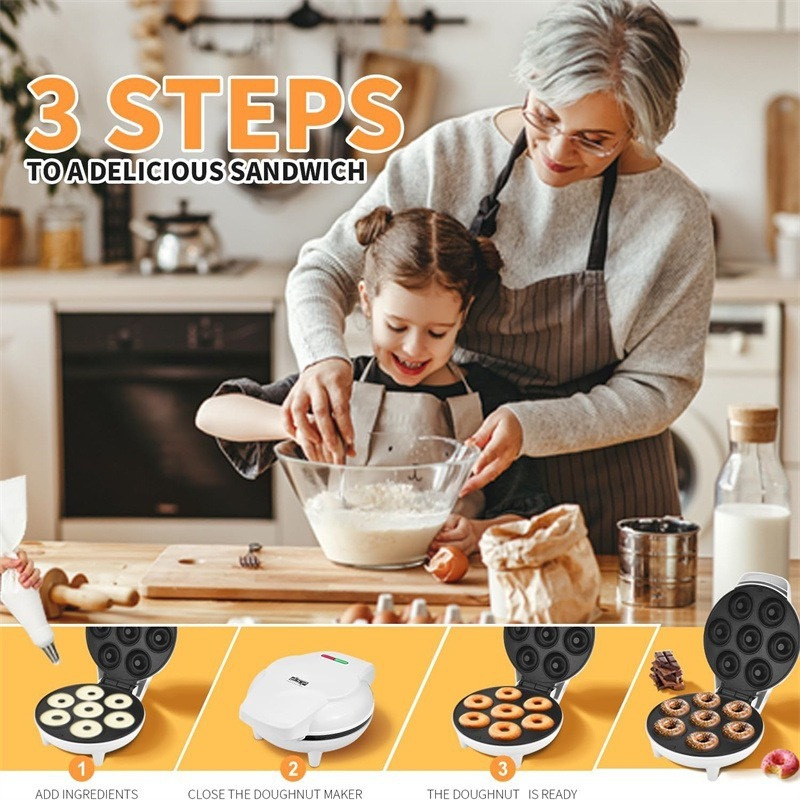 Mini Electric Donut Maker Breakfast Machine Non-Stick 7 Holes Doughnut Makers for Kids Household Multi-Functional Cake Machine