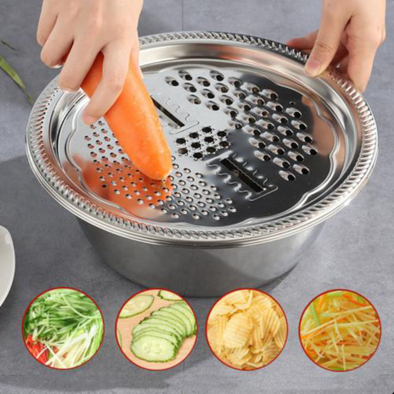 3 in 1 Vegetable Slicer Cutter Drain Basket Basin Stainless Steel Vegetable Julienne Grater Salad Maker Bowl Kitchen Tool