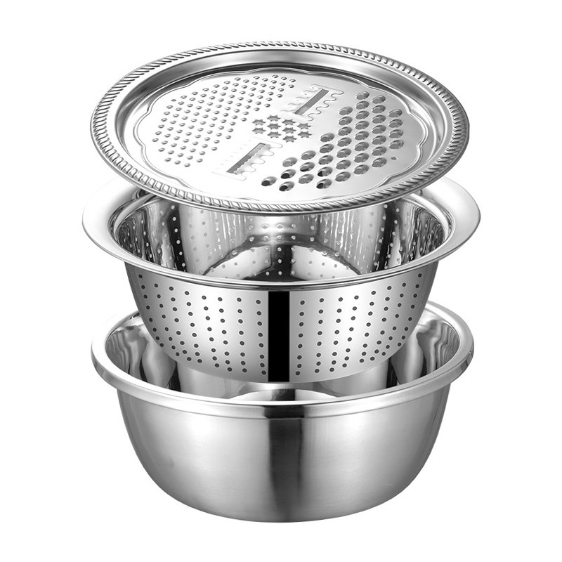 3 in 1 Vegetable Slicer Cutter Drain Basket Basin Stainless Steel Vegetable Julienne Grater Salad Maker Bowl Kitchen Tool