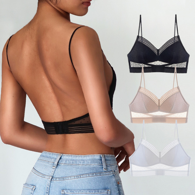 Women Invisible Lace Bra Sexy Deep U Backless Bralette New Summer Ultra Thin Polka Dot Mesh Brassiere Lingerie Tank Top Bras