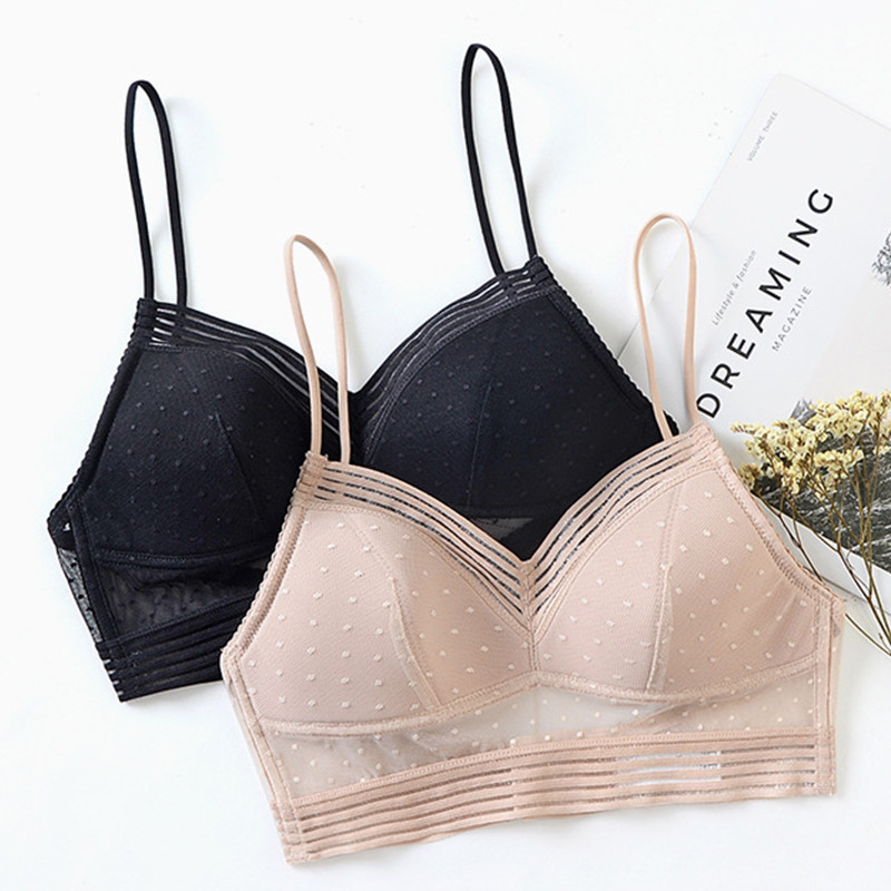 Women Invisible Lace Bra Sexy Deep U Backless Bralette New Summer Ultra Thin Polka Dot Mesh Brassiere Lingerie Tank Top Bras