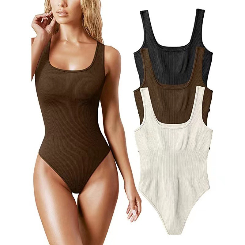 Seamless Sculpting Bodysuit Shapewear Women Square Neck Tummy Control Thong Body Shaper Sexy Ribbed Tank Tops Slimming Jumpsuit