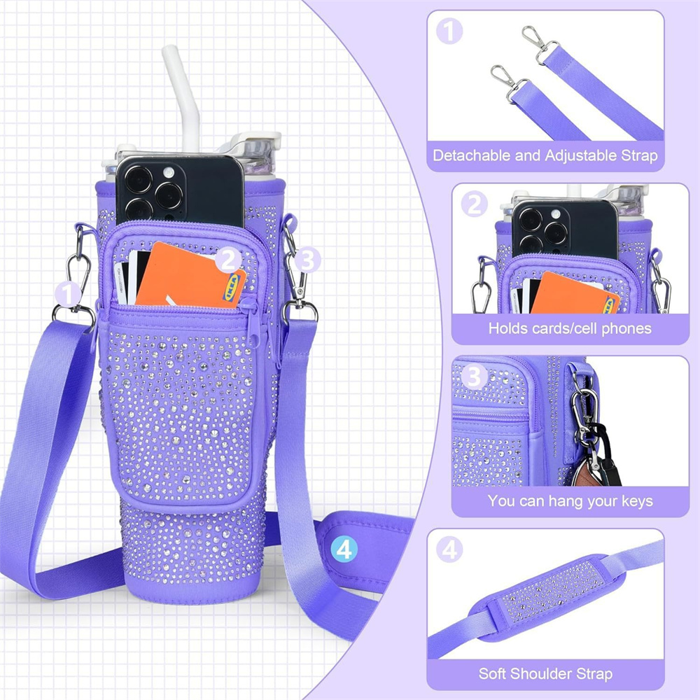 Bling Diamond Water Bottle Holder with Adjustable Strap Water Bottle Sling Bag Water Bottle Bag for Stanley 40oz Cup Accessories